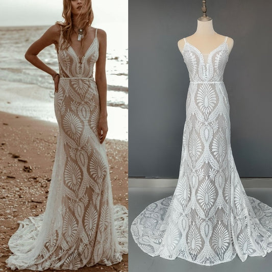 Vestido Bohemian Wedding Dress V Neck Lace Boho Spaghetti Straps Backless Beach Bridal Gowns Vestido De Novia Roycebridal